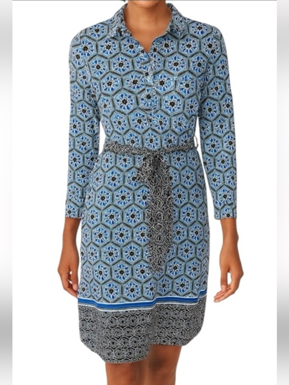 Donna Morgan Blue Geometric Tie-Waist Long Sleeve Shirt Dress